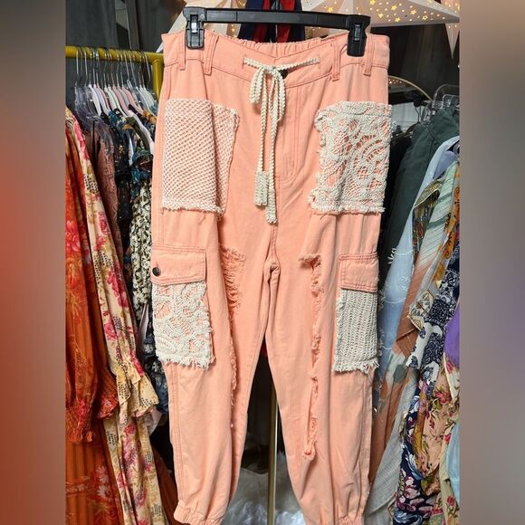 POL Pink Haze Distressed Crochet Denim Jogger Pants NWOT - Picture 3 of 5